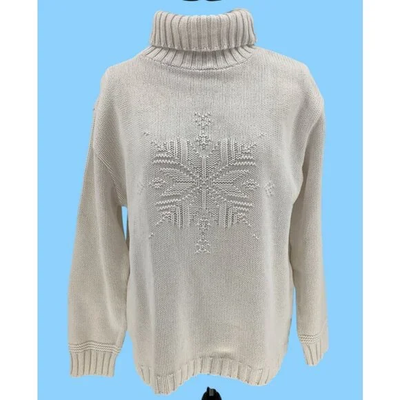 Vintage Ivory Turtleneck Pullover Sweater With Snowflake Knit Design Size M - Picture 1 of 10